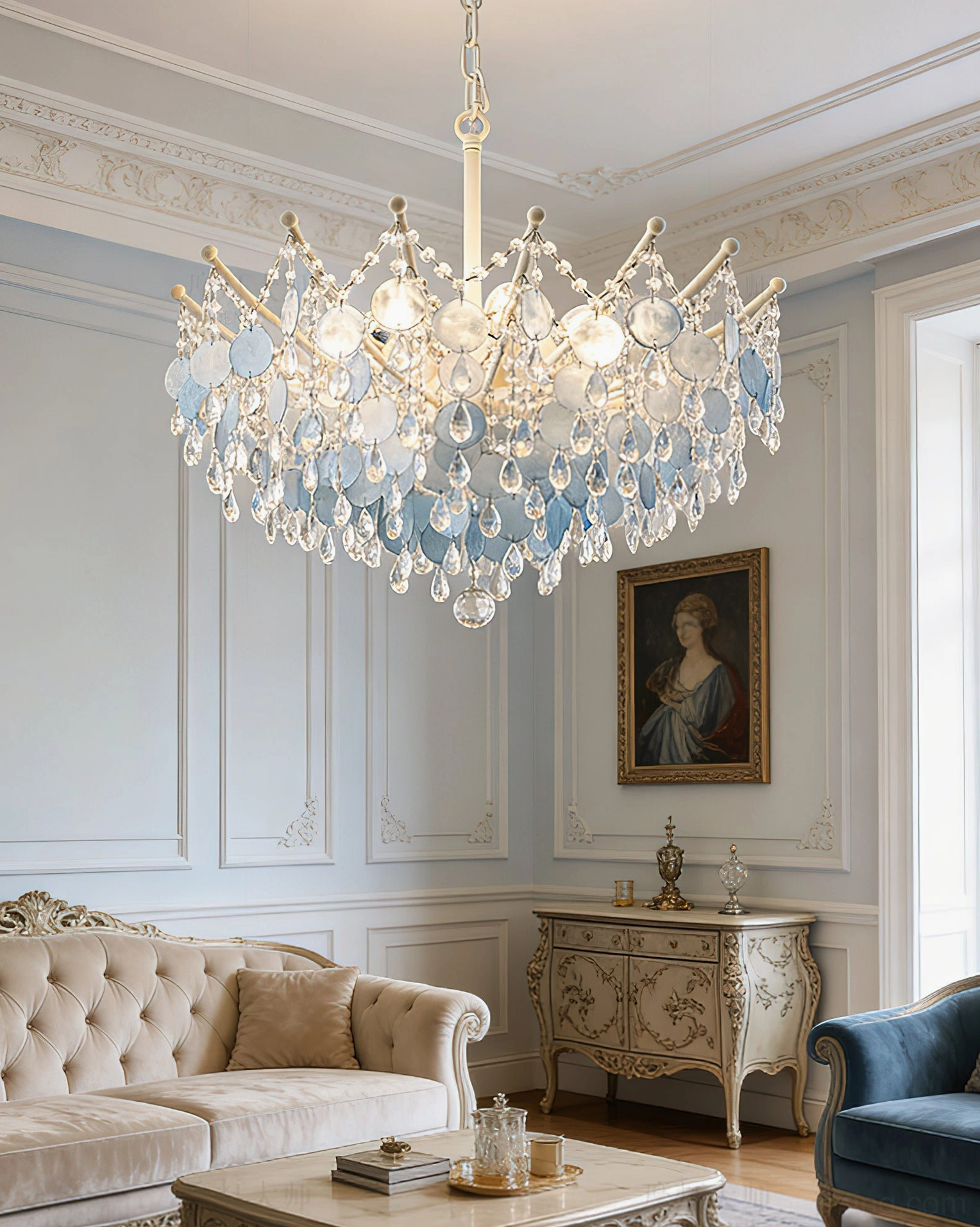 Tiered capiz chandelier hanging in elegant French classic interior with tufted seating and vintage wall art, shadow-free ambient glow