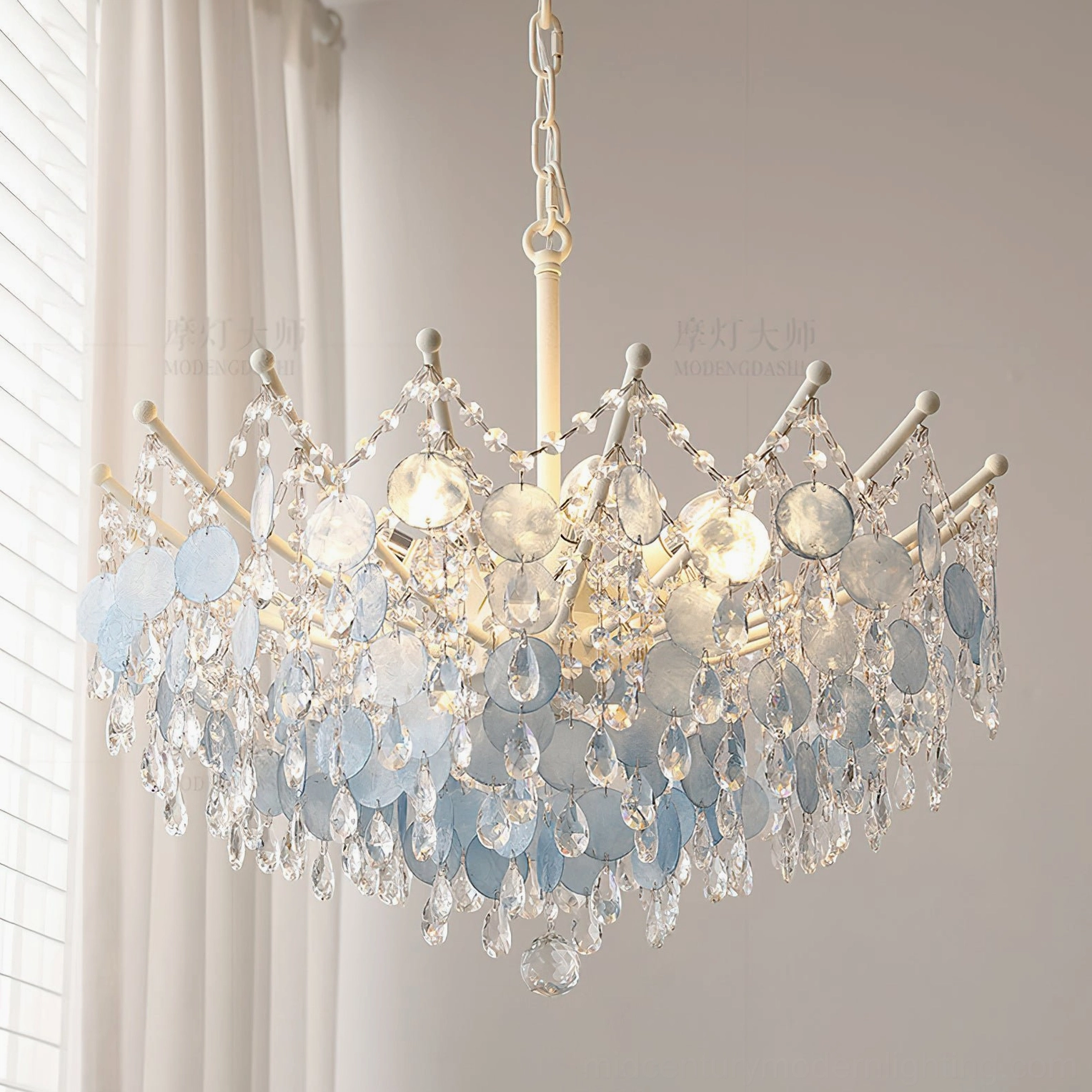 Sasha Capiz Bead Chandelier material close-up, natural capiz shell and crystal bead texture with white metal frame