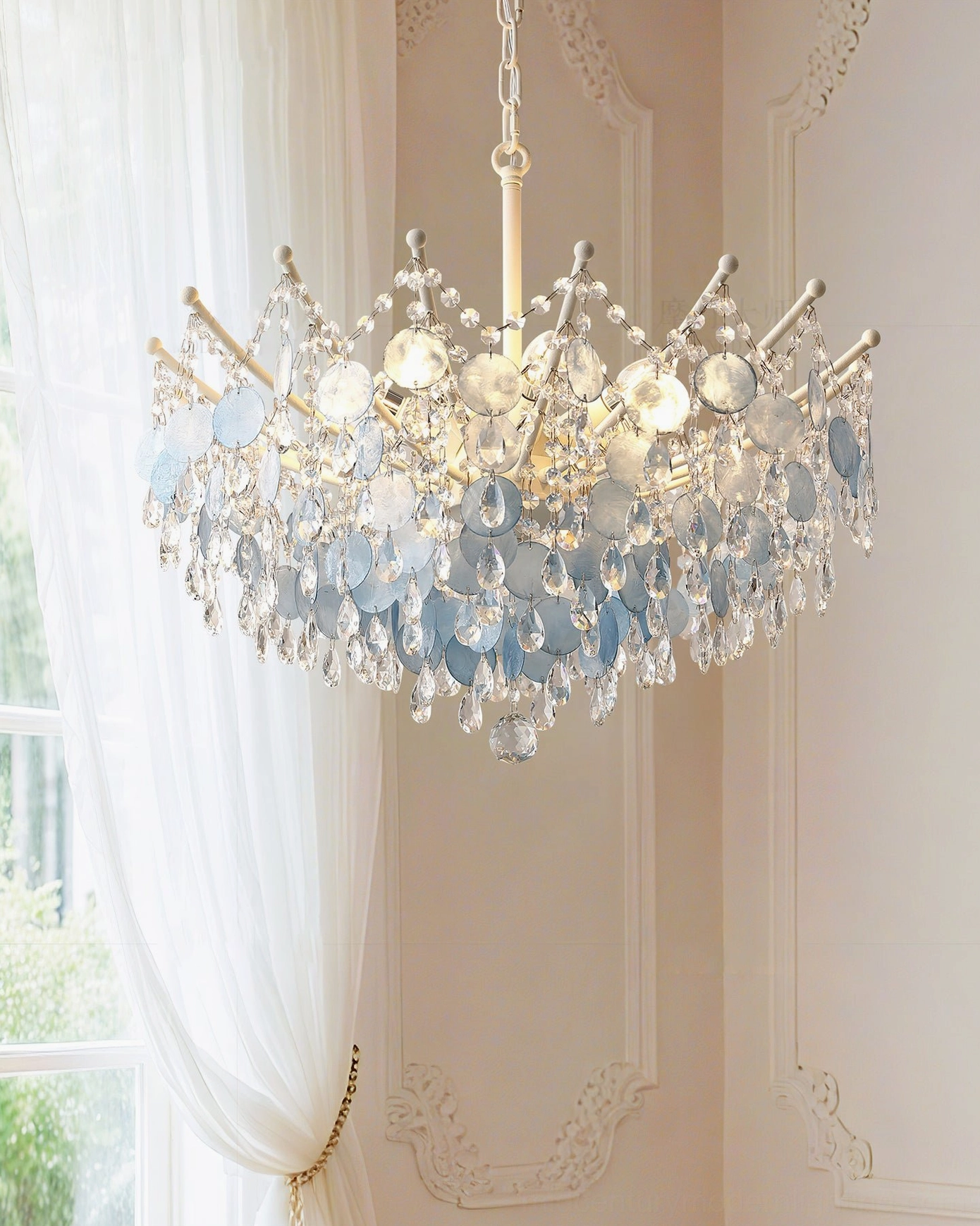 Three-size comparison of Sasha Capiz Bead Chandeliers, small medium and large available in various finish colors