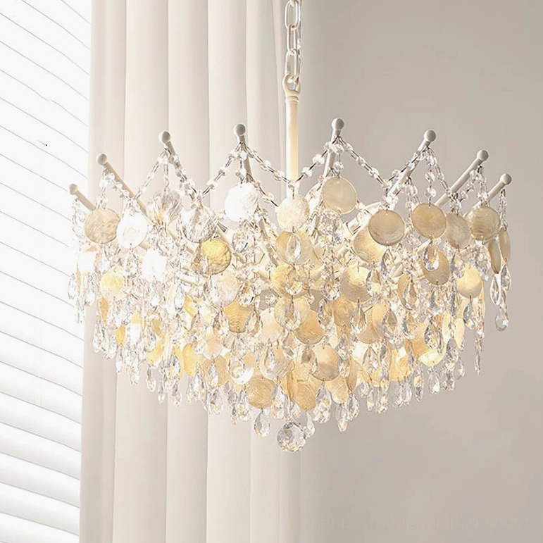 Large Sasha Capiz Bead Chandelier in soft gold finish, grand dining room installation, statement lighting fixture