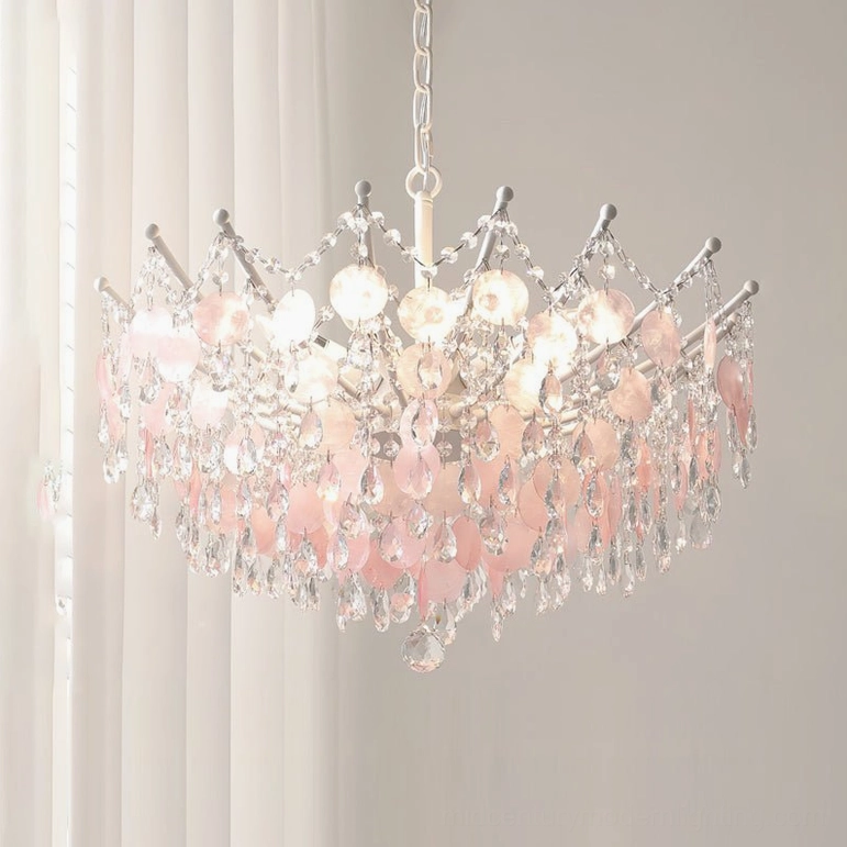 Large Sasha Capiz Bead Chandelier in blush pink finish, overhead installation view, statement-scale coastal pendant light