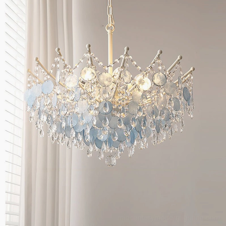 Medium Sasha Capiz Bead Chandelier in blue finish, front view with layered shell discs and diffused light effect