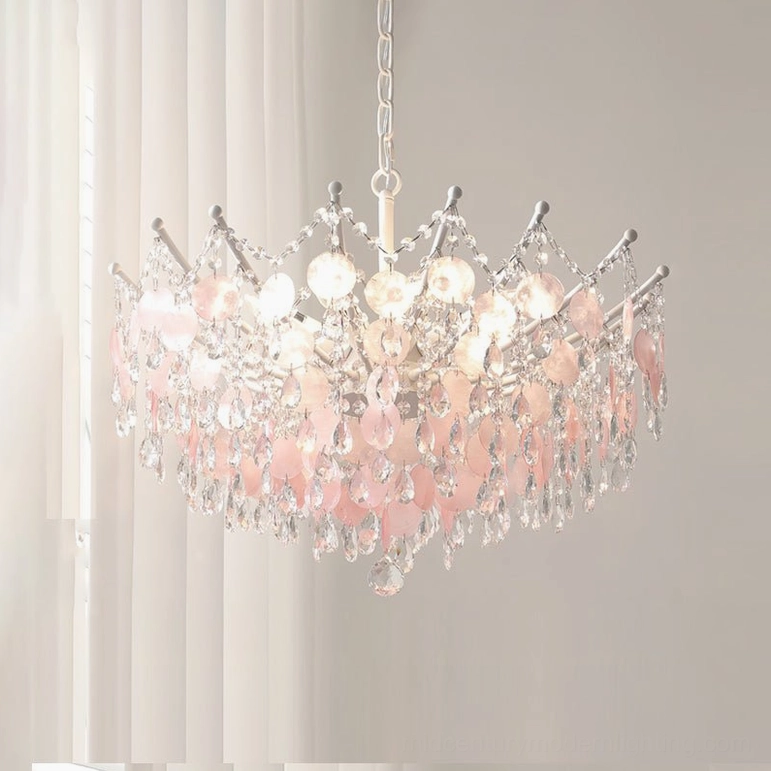 Medium Sasha Capiz Bead Chandelier in blush pink, angled view showing tiered shell layers and warm-toned finish