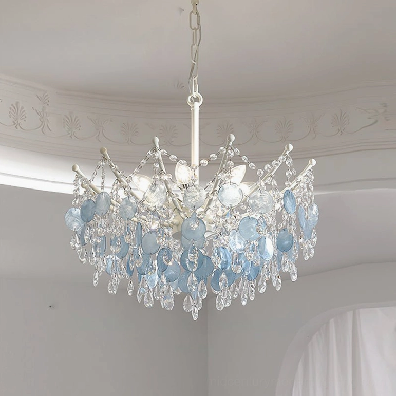 Small Sasha Capiz Bead Chandelier in blue finish, intimate scale pendant light with tiered capiz shells and crystal beads