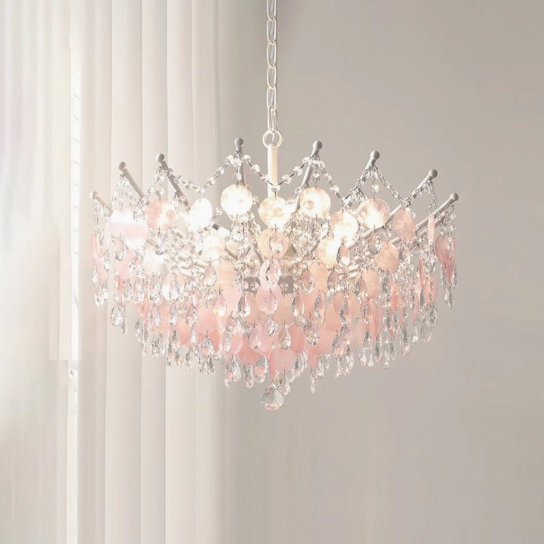 Small Sasha Capiz Bead Chandelier in blush pink, bedroom-scale pendant with soft romantic aesthetic