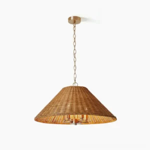 Saskia natural rattan cone pendant light, overhead front view showing woven shade and brass candle-style sockets, studio photography