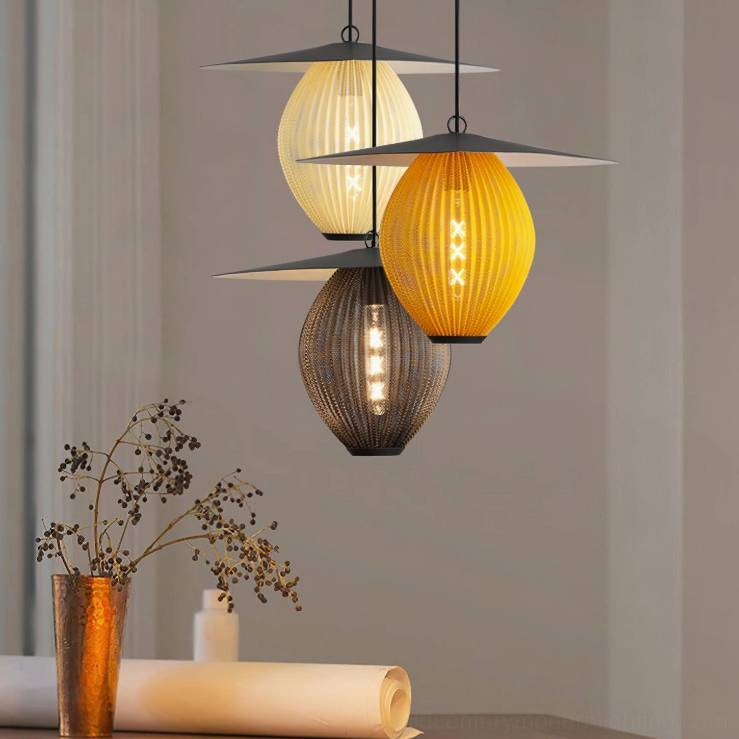 Satellite pendant light shadow pattern cast on wall demonstrating lighting design