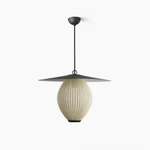 Satellite pendant light with off-white pleated metal shade and black metal cap, studio product shot