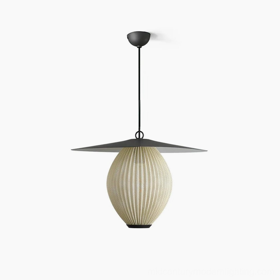Satellite pendant light with off-white pleated metal shade and black metal cap, studio product shot