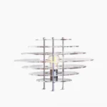 Saturn chrome table lamp with clear acrylic disc - mid-century modern minimalist design on white background