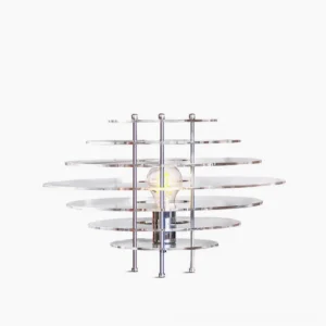 Saturn chrome table lamp with clear acrylic disc - mid-century modern minimalist design on white background