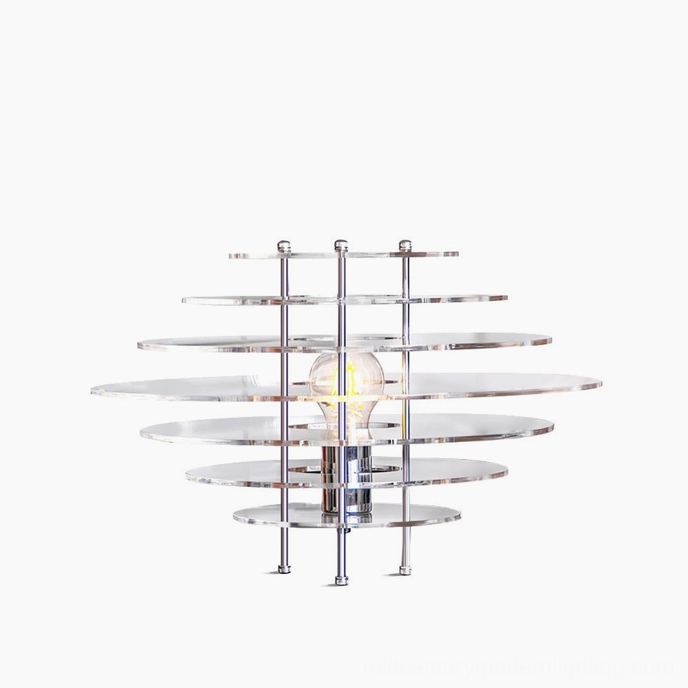 Saturn chrome table lamp with clear acrylic disc - mid-century modern minimalist design on white background
