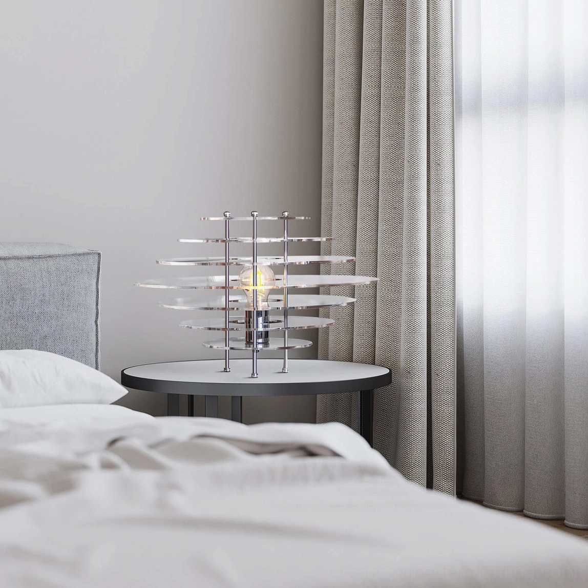 Saturn chrome table lamp showing full fixture design and illumination detail - mid-century modern acrylic lighting