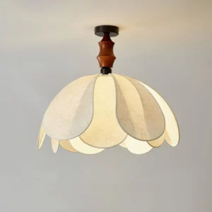 Close-up detail of Savoy ceiling lamp showing delicate scalloped petal edges and floral line patterns on fabric