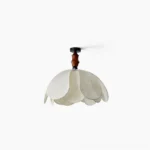 Savoy petal ceiling light pendant with multi-layered fabric shade and golden floral prints, front view