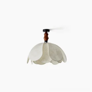 Savoy petal ceiling light pendant with multi-layered fabric shade and golden floral prints, front view