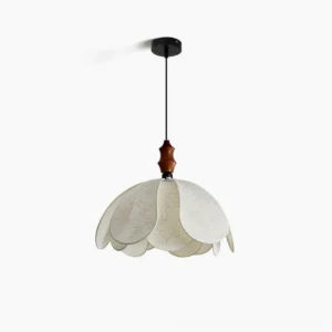 Savoy organic petal pendant light with off-white fabric and embroidered details, frontal studio view