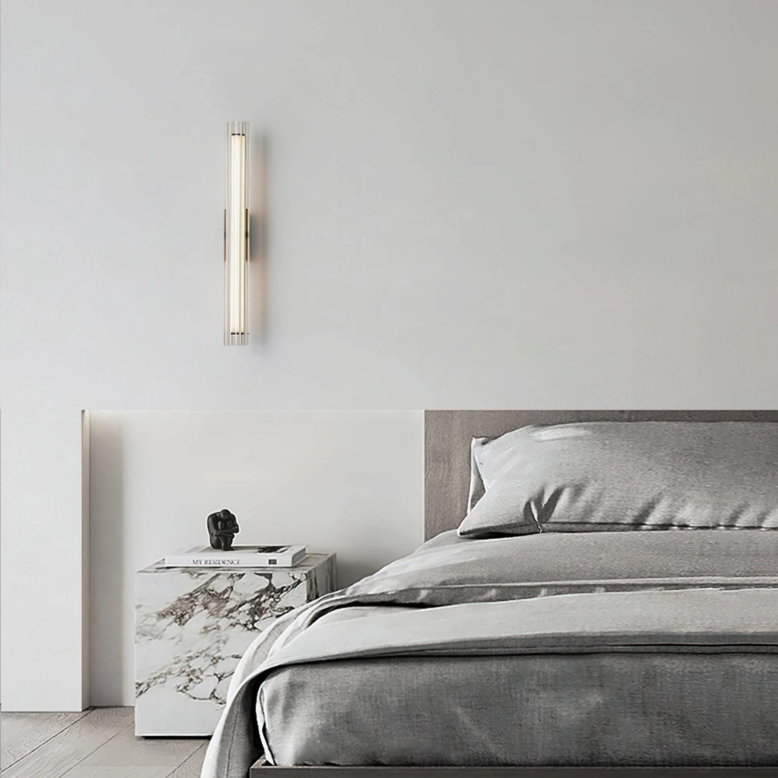 Saxon ribbed glass lamp in marble nightstand bedroom styling