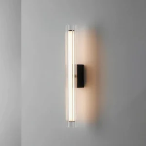 Saxon wall lamp detail shot showing warm light glow through fluted glass