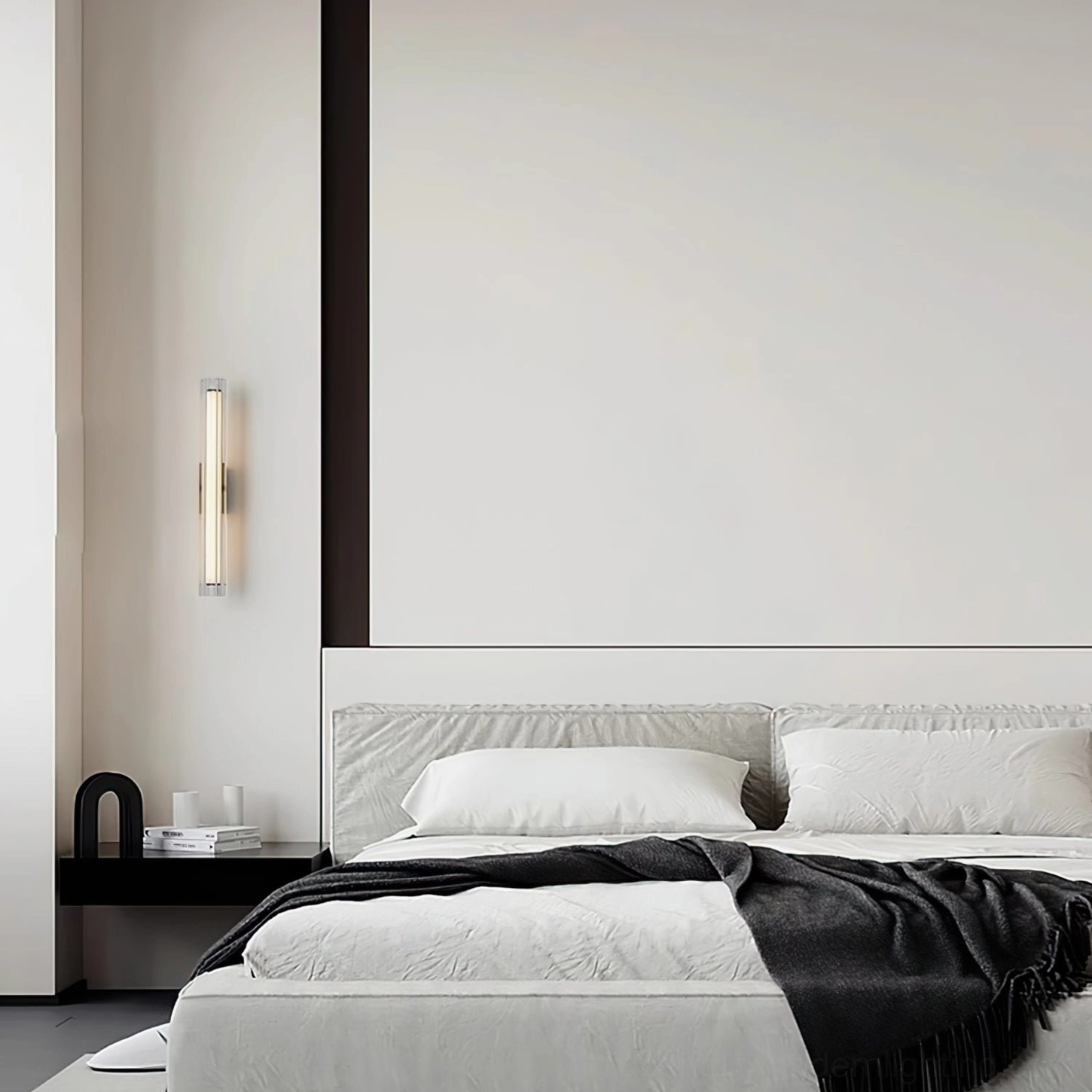 Saxon sconce mounted on black accent wall in contemporary bedroom decor