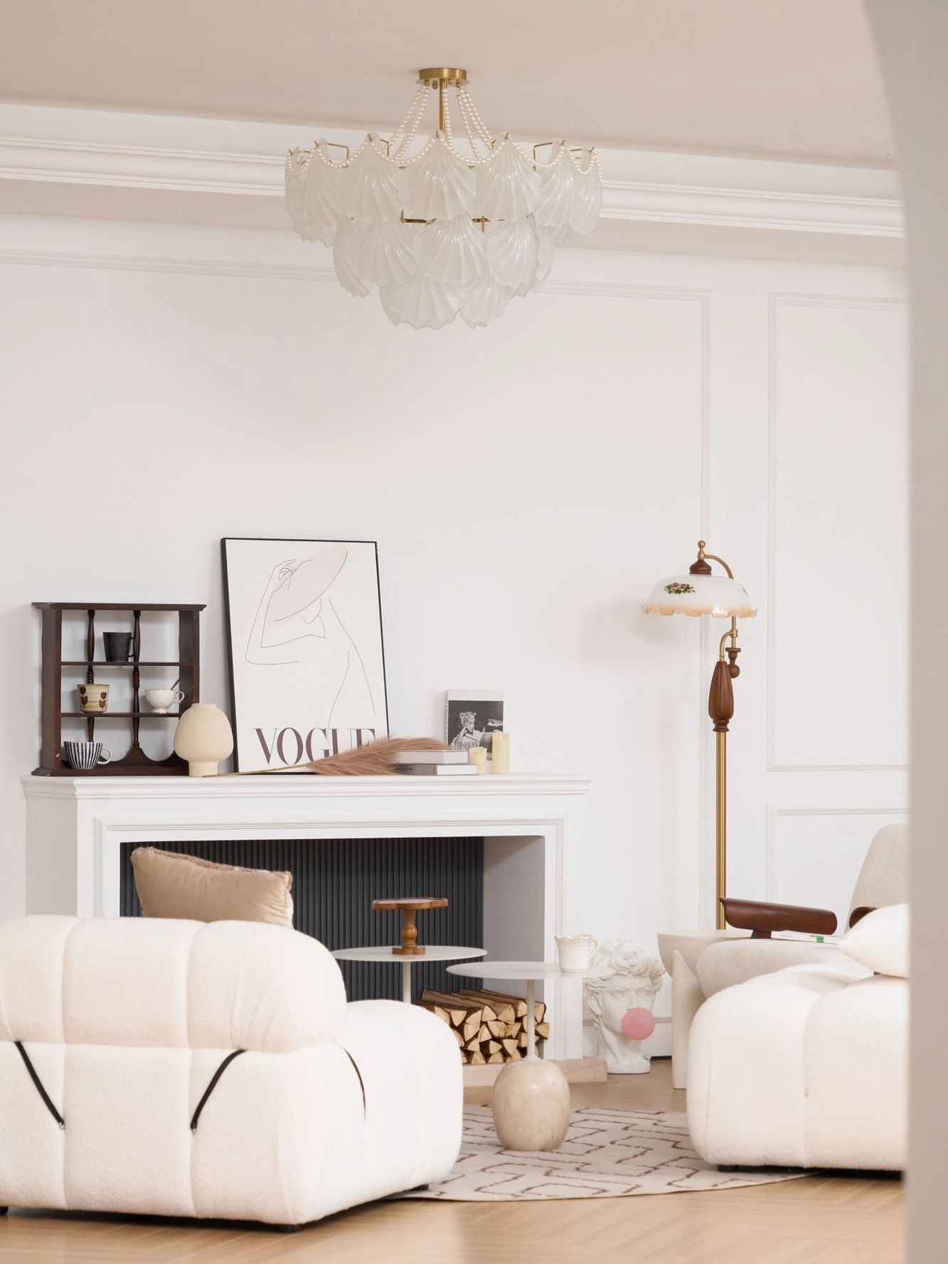 Scallop shell chandelier ceiling detail showing flush mount installation and frosted glass light distribution