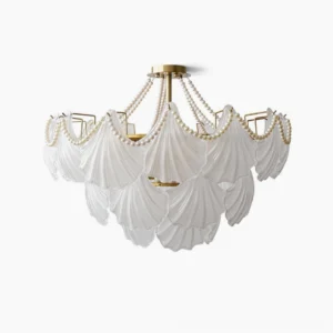 Scallop shell chandelier front view with frosted glass shades and brass metallic frame, studio product photography