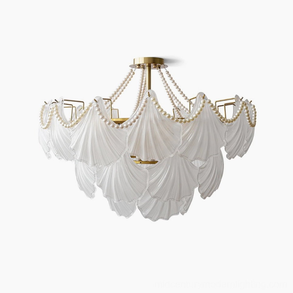 Scallop shell chandelier front view with frosted glass shades and brass metallic frame, studio product photography