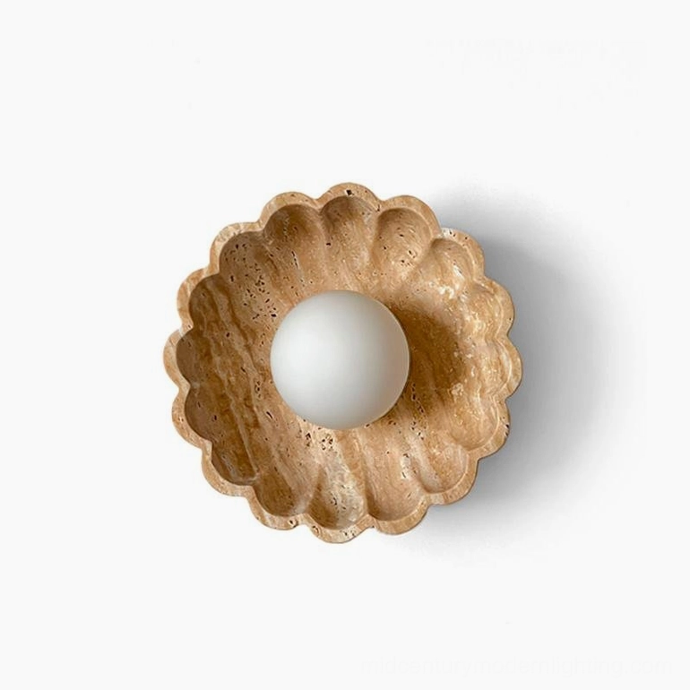 Scallop wall lamp mid-century modern design travertine glass fixture product shot