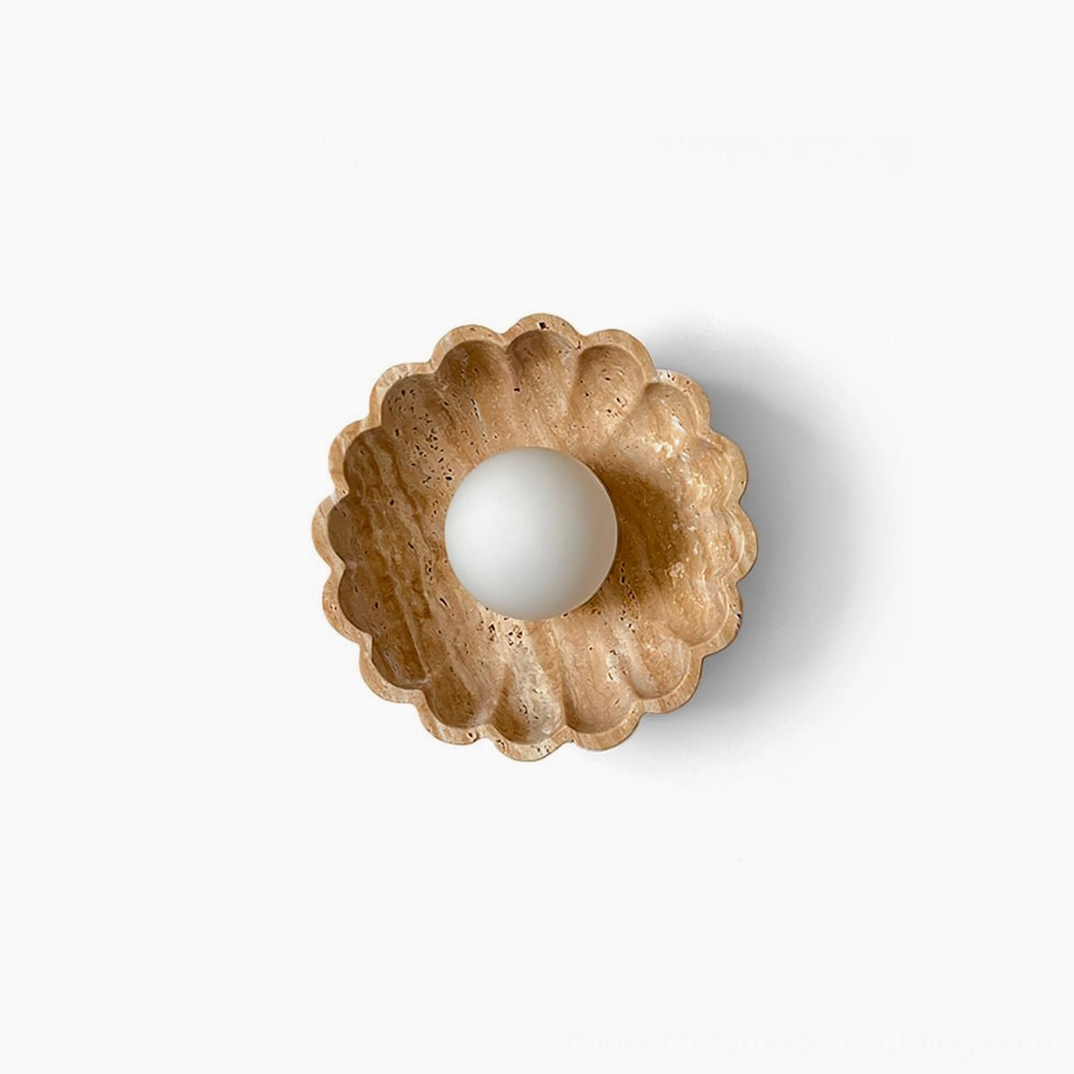 Scallop wall lamp with frosted glass globe and natural travertine base, overhead flat lay on white background