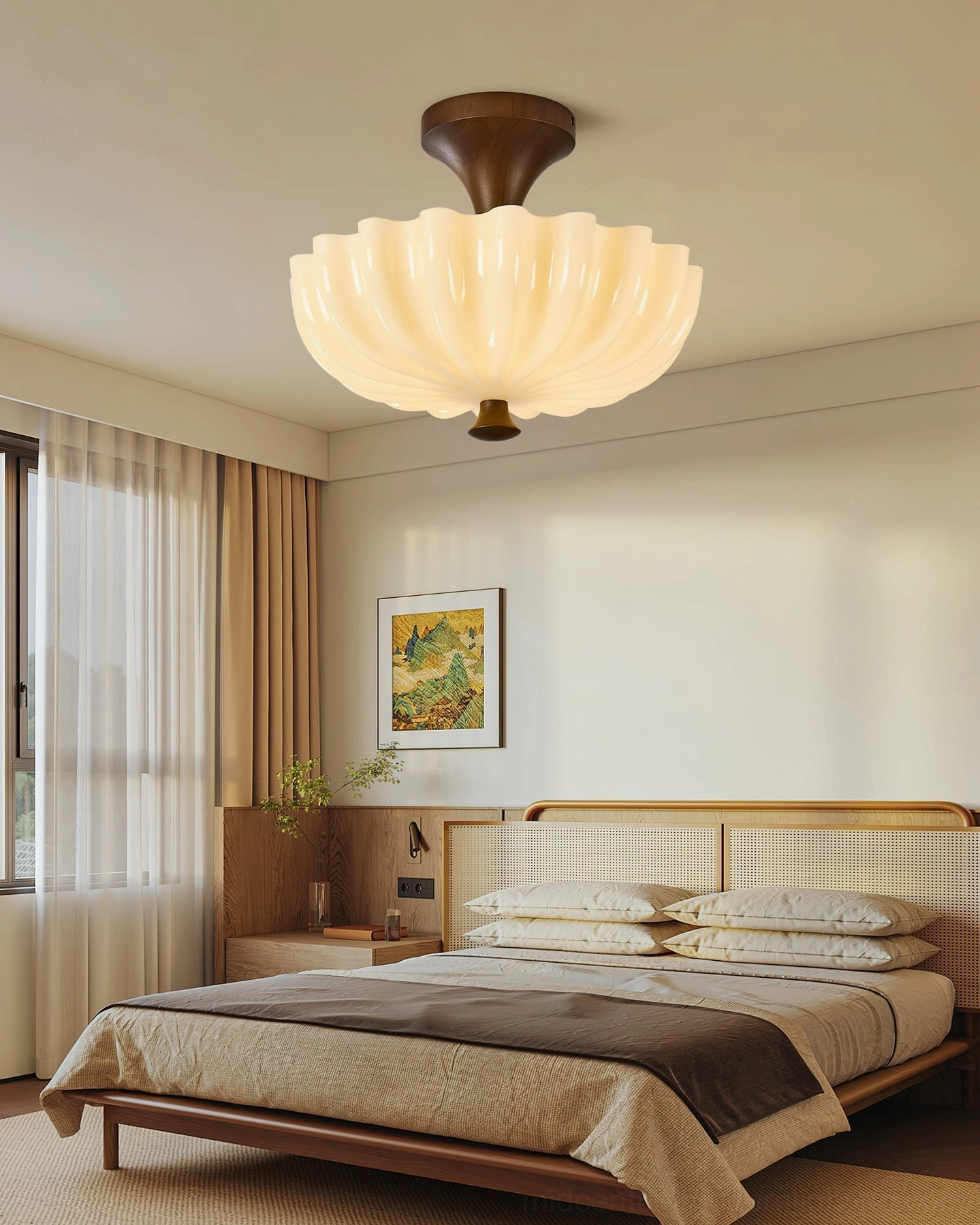 Bofea ceiling lamp mounted in wooden bedroom with neutral warm tones and matching room ambiance