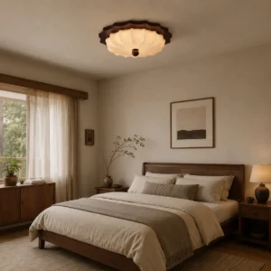 Scalloped ceiling light installed in warm-toned master bedroom with traditional neutral vintage decor
