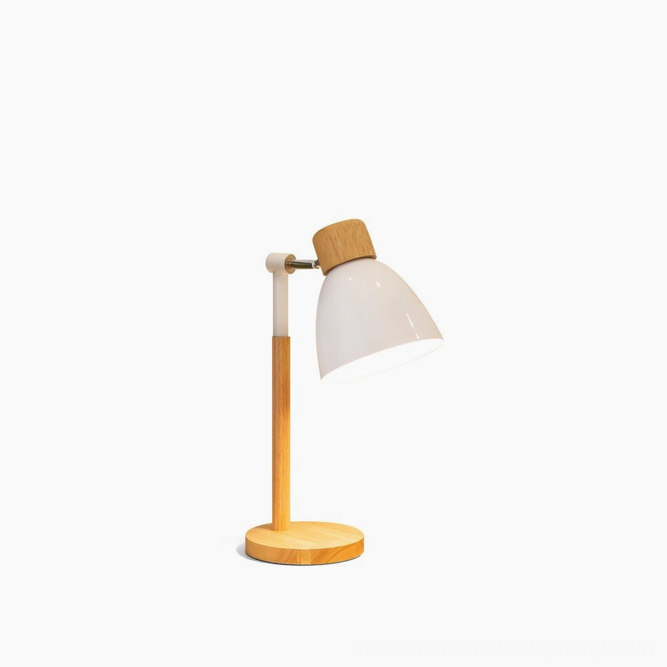 Scandinavian wood table lamp lifestyle product shot demonstrating adjustable positioning and practical task lighting functionality