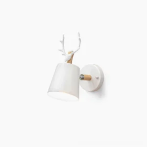 Scandinavian antler wall lamp with white matte shade and natural wood accents, three-quarter view on neutral background