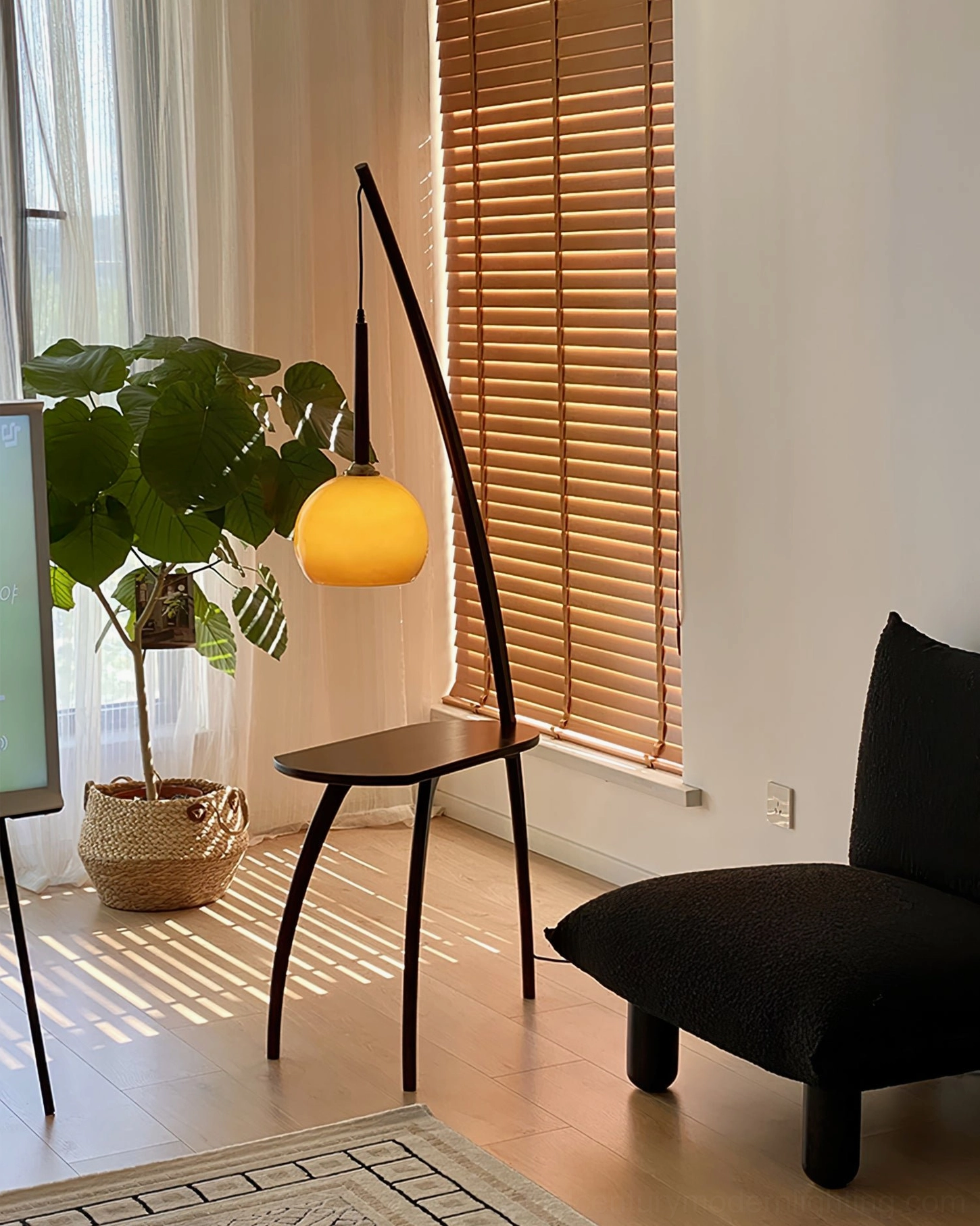 Modern arc floor lamp with side table, Scandinavian-inspired walnut wood and brass construction