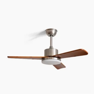 Scandinavian ceiling fan light with integrated LED, brushed metal and walnut wood finish, front view on white background