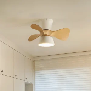 Contemporary ceiling fan light installed in Nordic bedroom interior with warm LED lighting illuminating furniture and window blinds