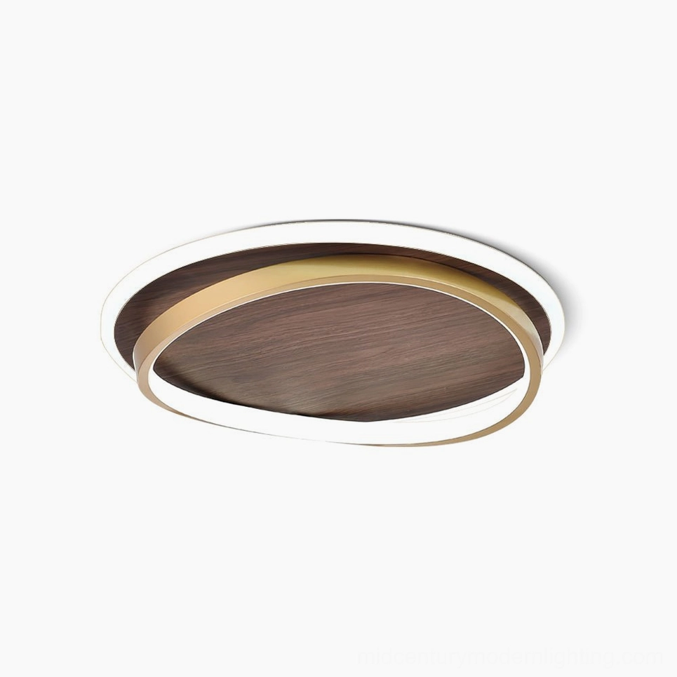 Scandinavian dual-ring LED ceiling light with gold metal frame and walnut wood accent on white background, modern minimalist flush-mount fixture detail