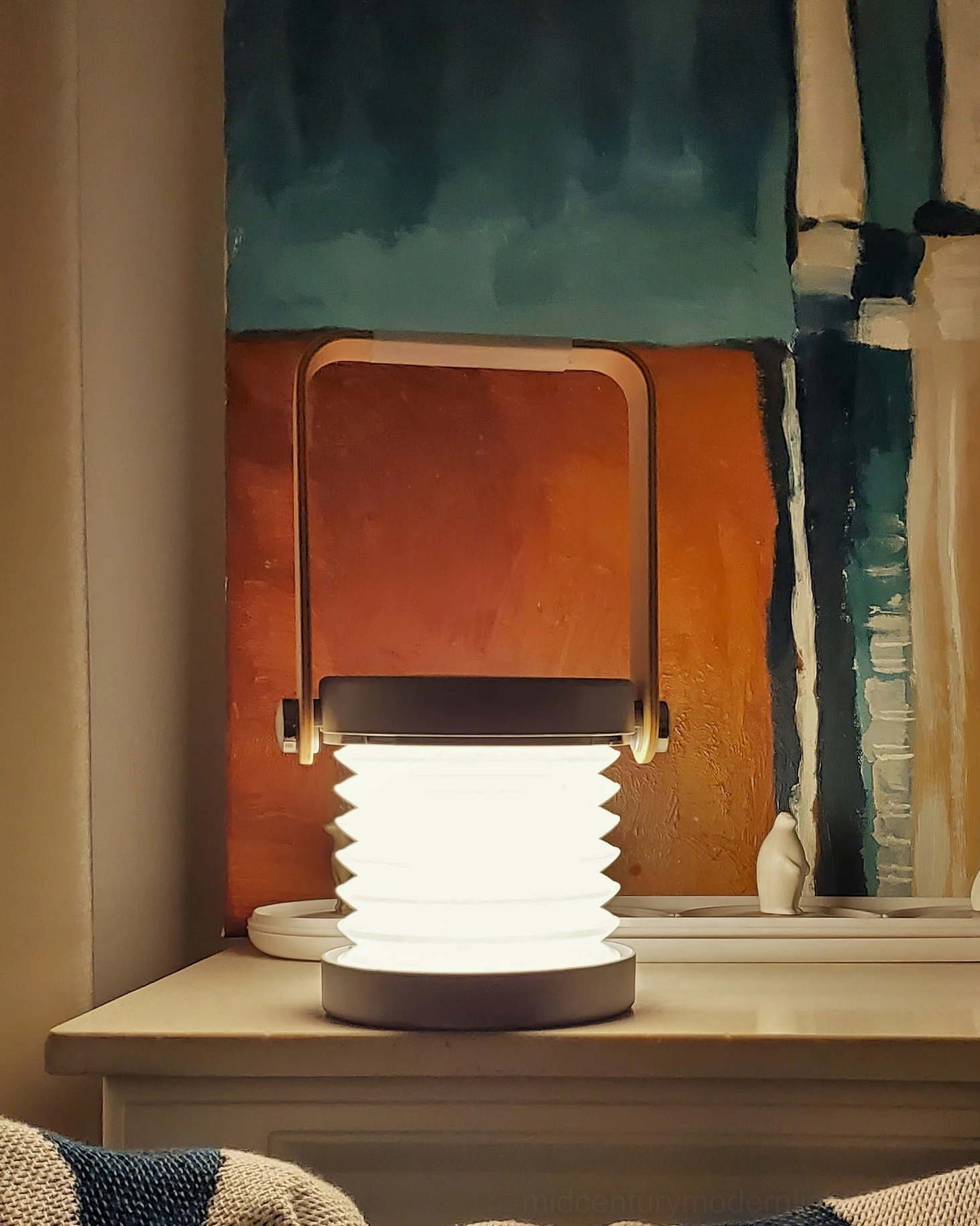 Scandinavian lantern portable lamp with touch control, compact dimensions ideal for shelf and desk placement