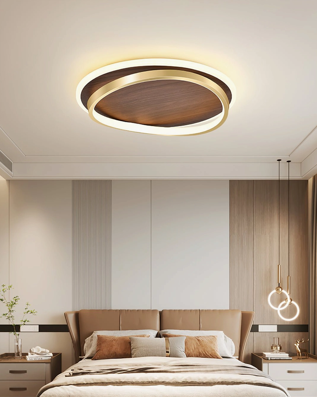 Scandinavian ceiling light fixture glowing in contemporary bedroom with pendant lights, dual-ring LED design illuminating space