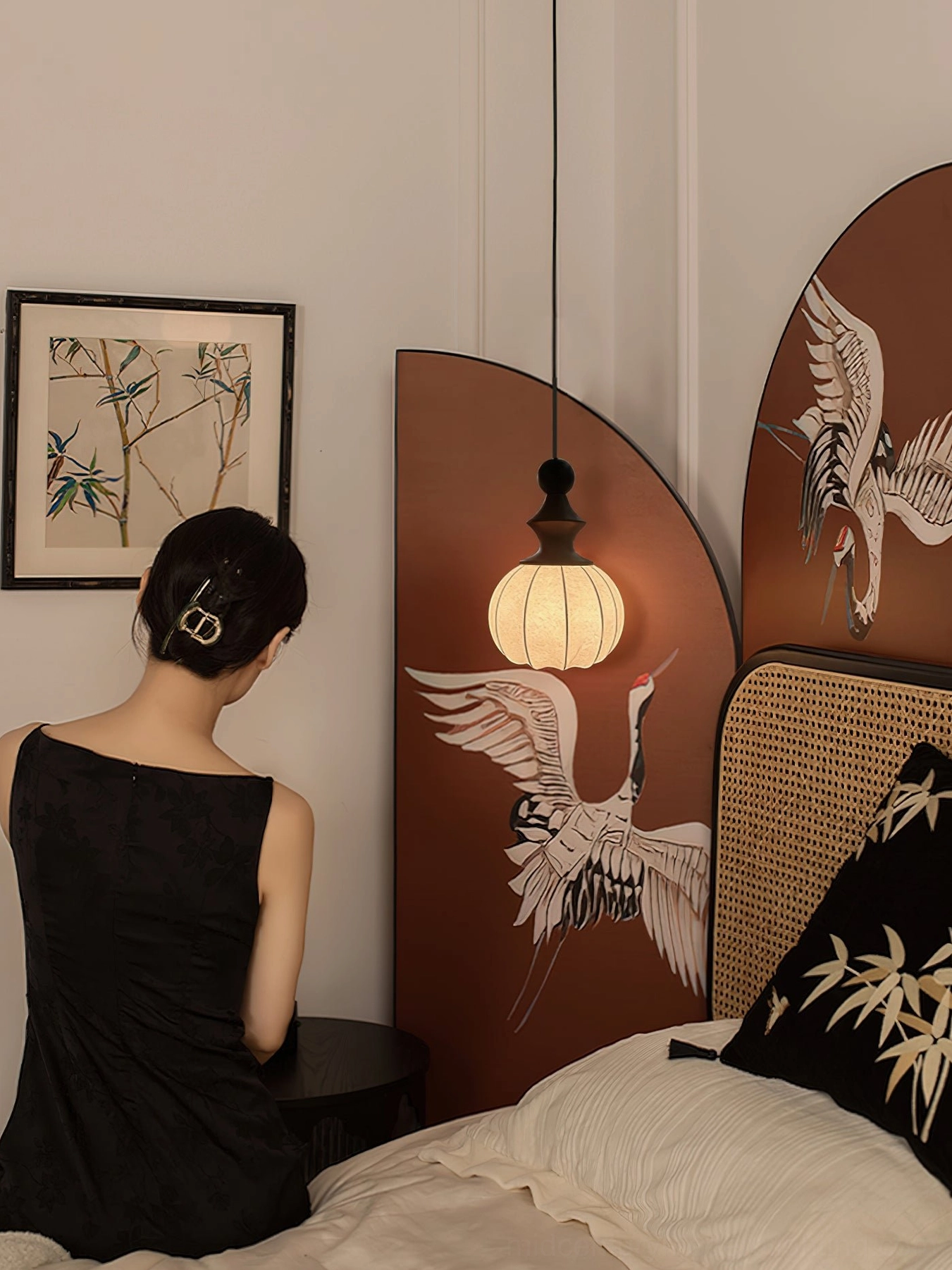 Scandinavian mid-century modern pendant light with natural wood base and ribbed cream fabric shade installation detail