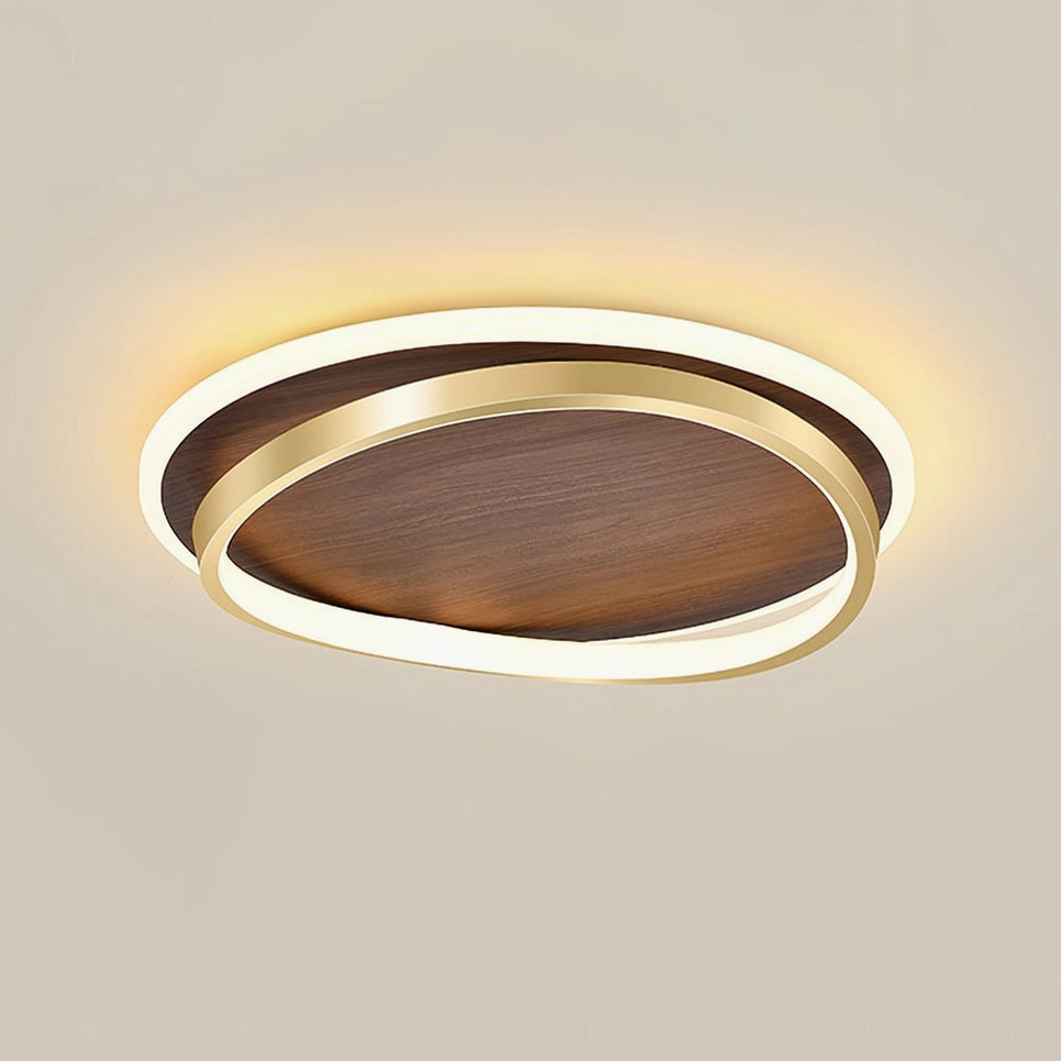 Scandinavian minimalist ceiling lamp with integrated LED technology, warm gold finish wood accent lighting fixture