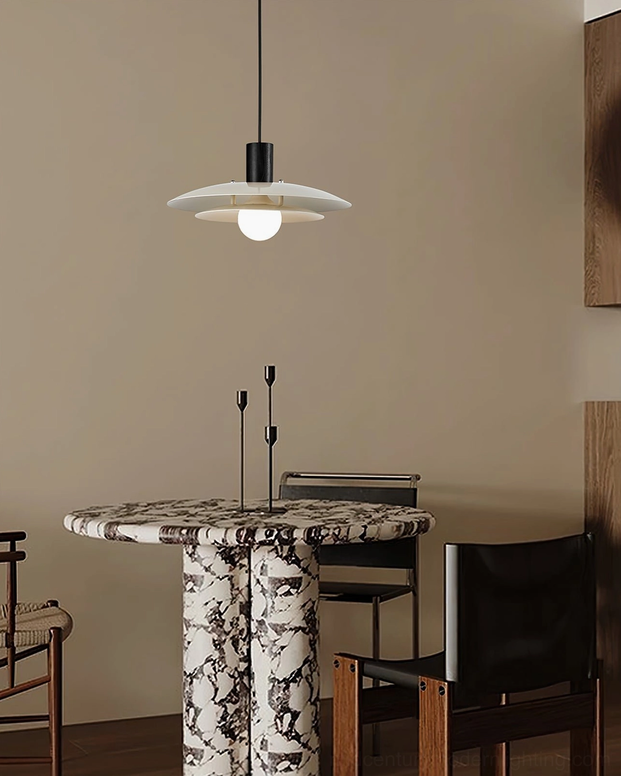 Scandinavian pendant fixture architectural detail showing metal frame and wood-grain finish canopy construction