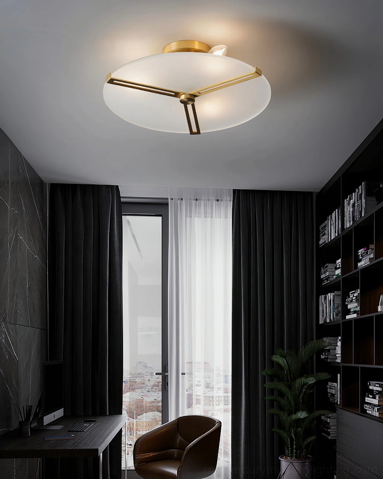 Brass geometric ceiling lamp paired with Scandinavian minimalist interior design