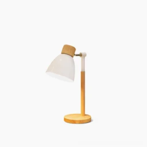 White shade Scandinavian wood table lamp with natural wooden base and stem, adjustable metal shade, front three-quarter view