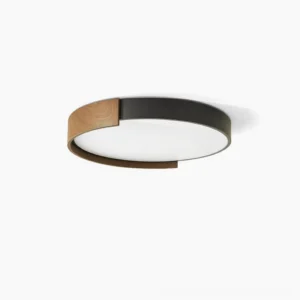 Scandinavian wood ceiling light flush mount with walnut and black metal frame, studio front view
