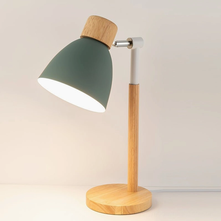 Multiple color variations of Scandinavian wood table lamp showcasing yellow, pink, grey, and white shade options
