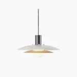 Scandinavian wood pendant lamp with dual-tier metal and wood design shown overhead view against studio background