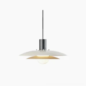 Scandinavian wood pendant lamp with dual-tier metal and wood design shown overhead view against studio background