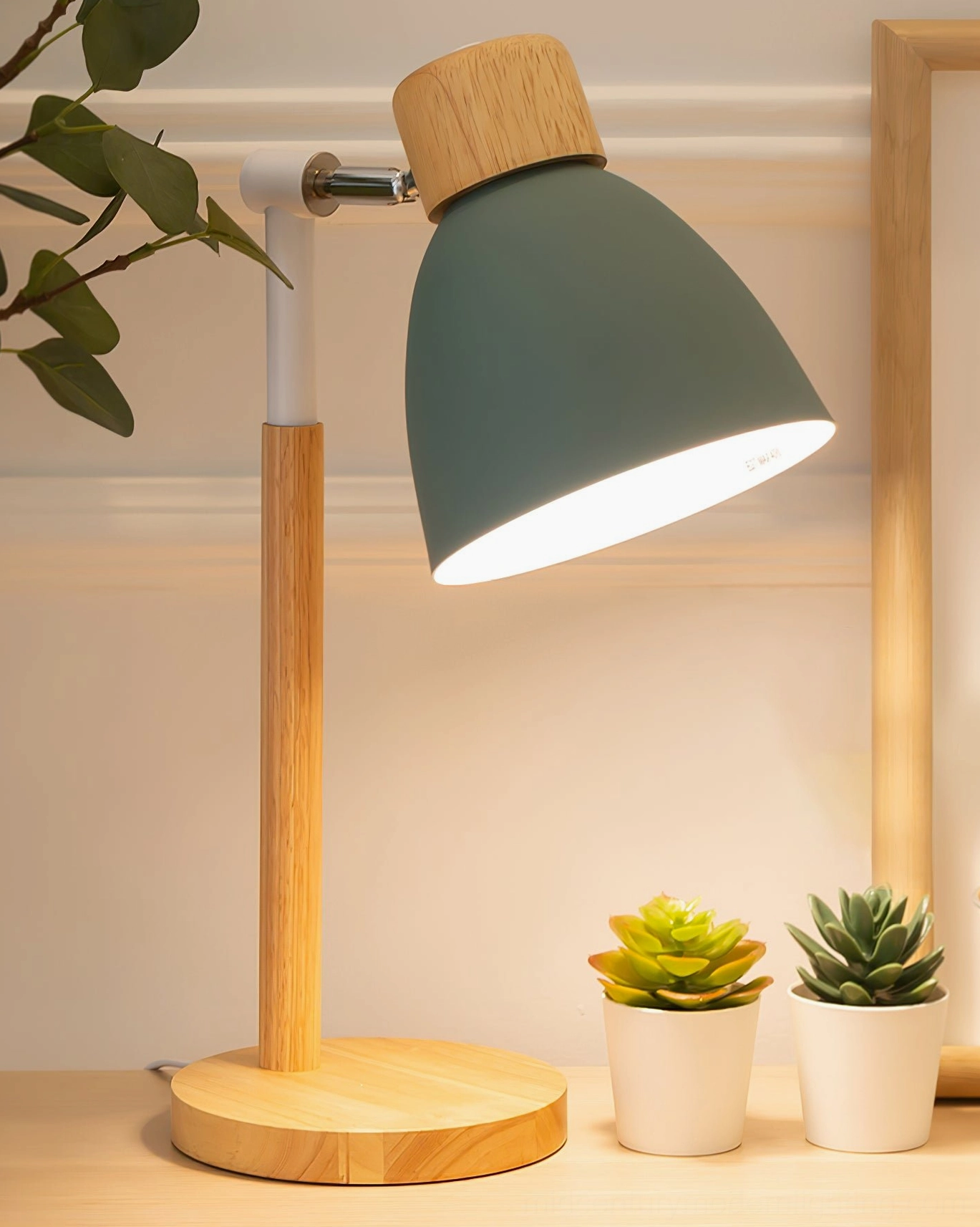 Scandinavian wood table lamp full product shot showing adjustable shade, natural wooden construction, and overall minimalist proportions