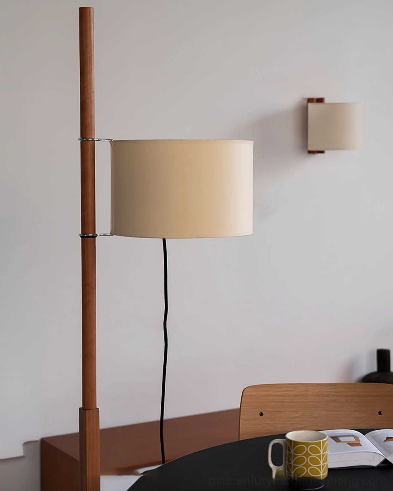 Scandinavian wooden floor lamp with clean lines and geometric cross base